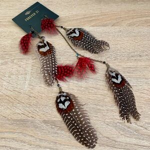 Brown Red Long Boho Bohemian Duster Feather Earrings